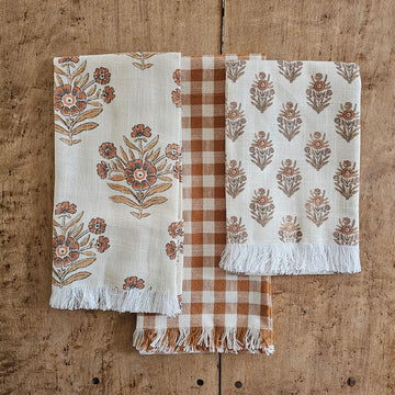 Rustic Orange Gingham and Block Print Tea Towel Set