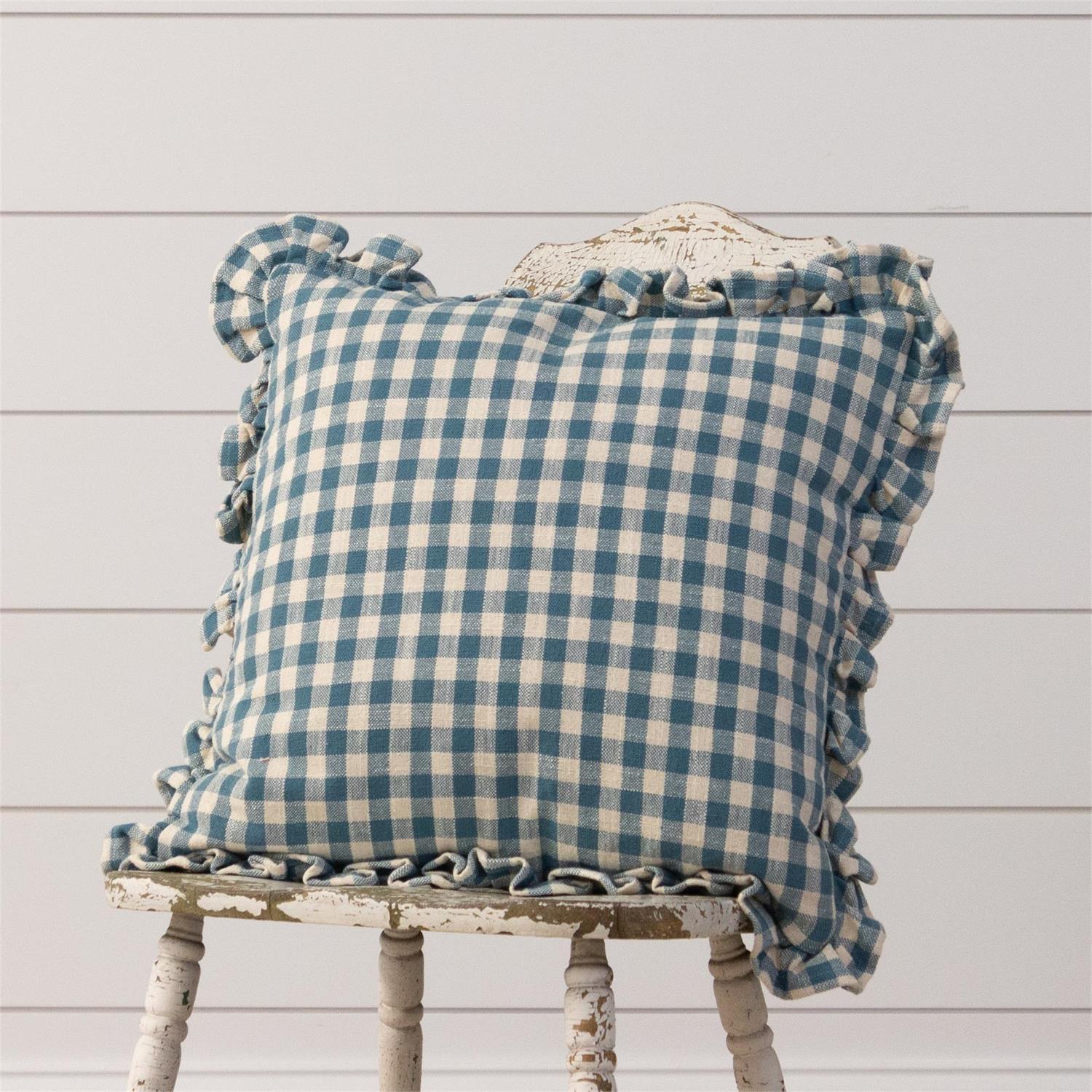 Cottage Blue Gingham and Ruffles Pillow