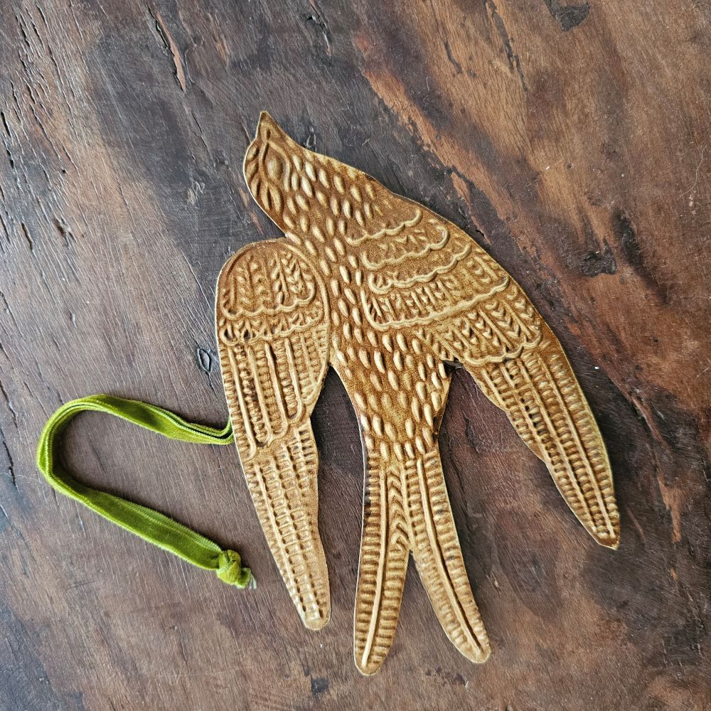 Golden Spirit Bird Ornament with Velvet Ribbon